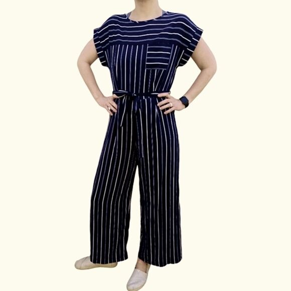 Monteau Pants - Monteau Jumpsuit Wide Leg Navy Blue White Stripe Size XL